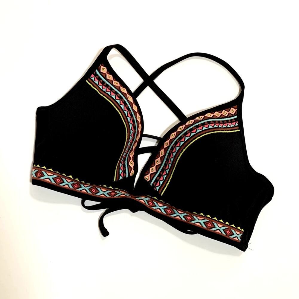 SHADE & SHORE Embroidered Aztec Black Bikini Top Adjustable Tie Straps Size 34B